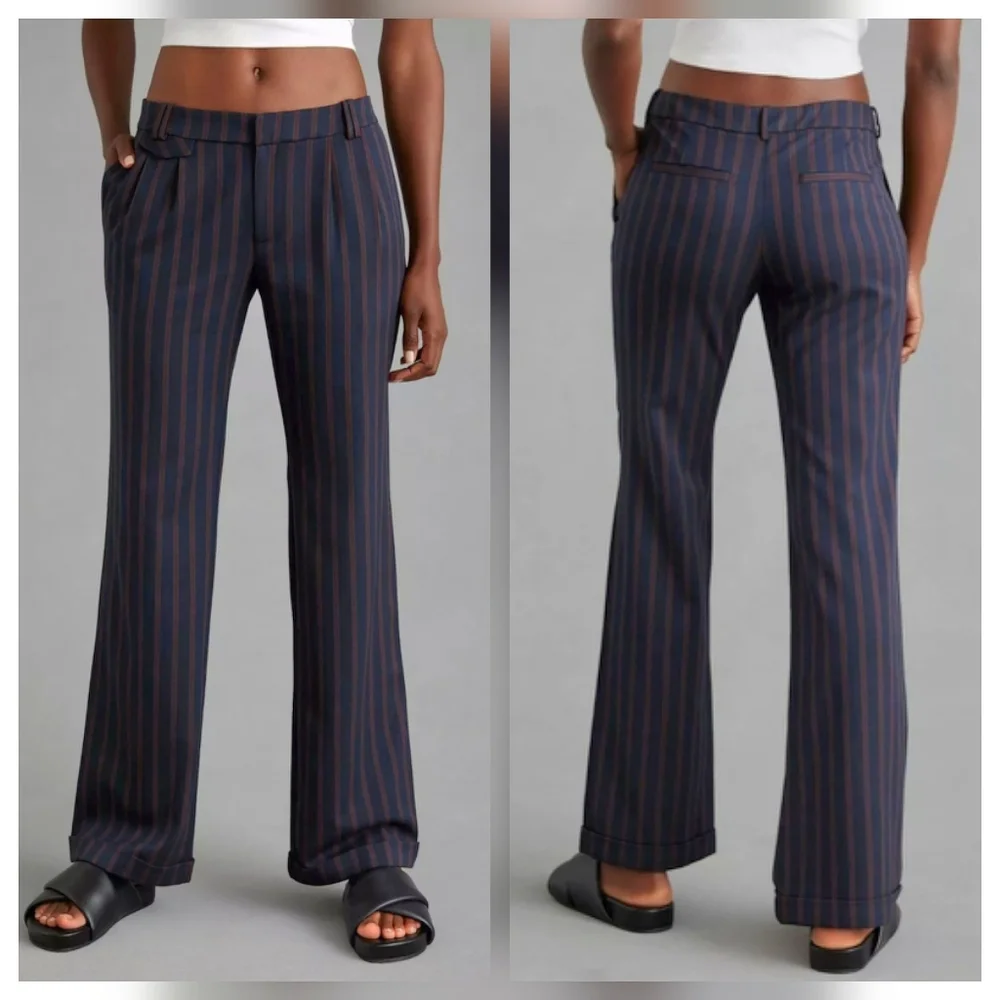 By Anthropologie Low-Rise Striped Flare Pants Cuffed Hem Blue Red
